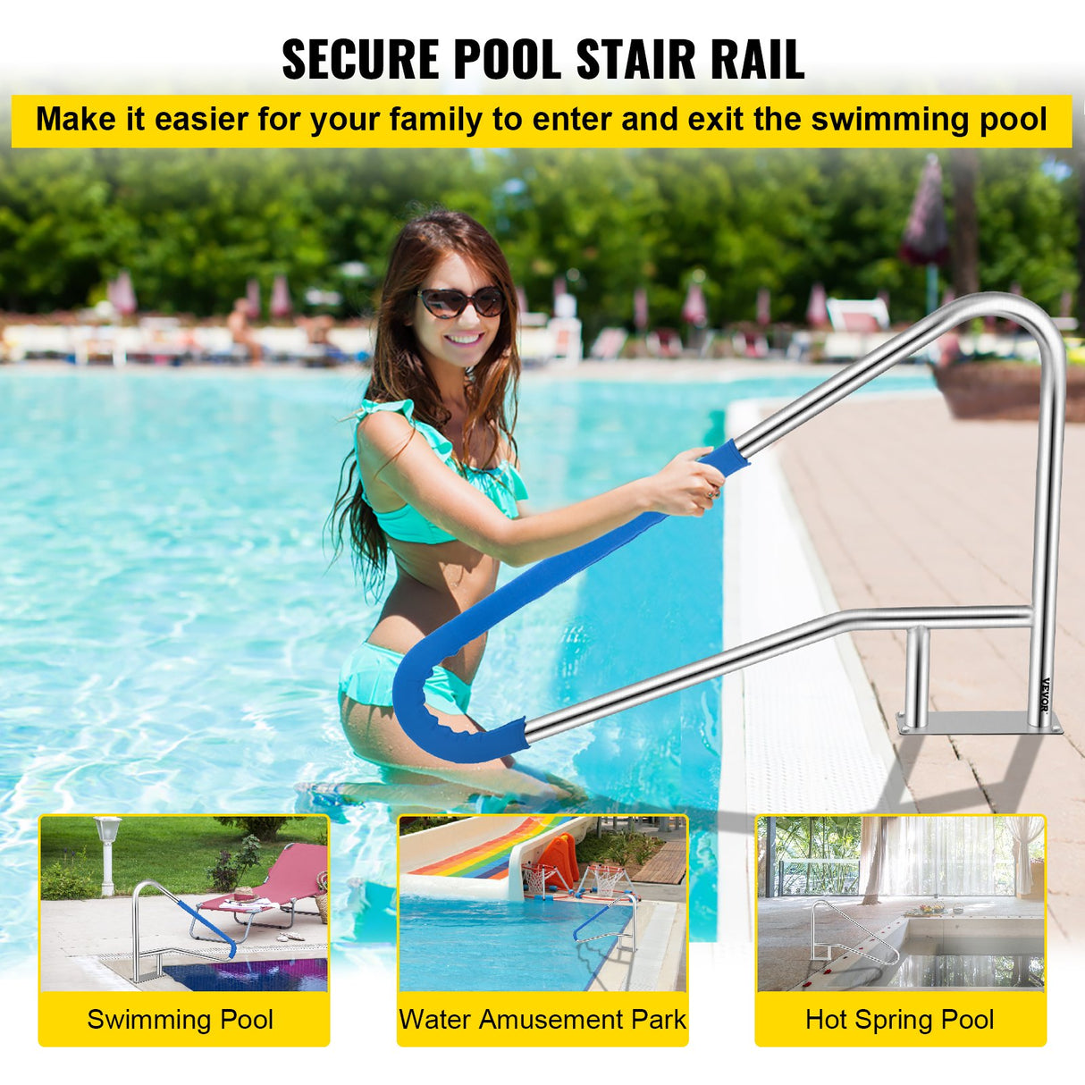 VEVOR Pool Rail 54x36 Pool Railing 304 Stainless Steel 250LBS Load Capacity Silver Rustproof Pool Handrail Humanized Swimming Pool Handrail with Blue
