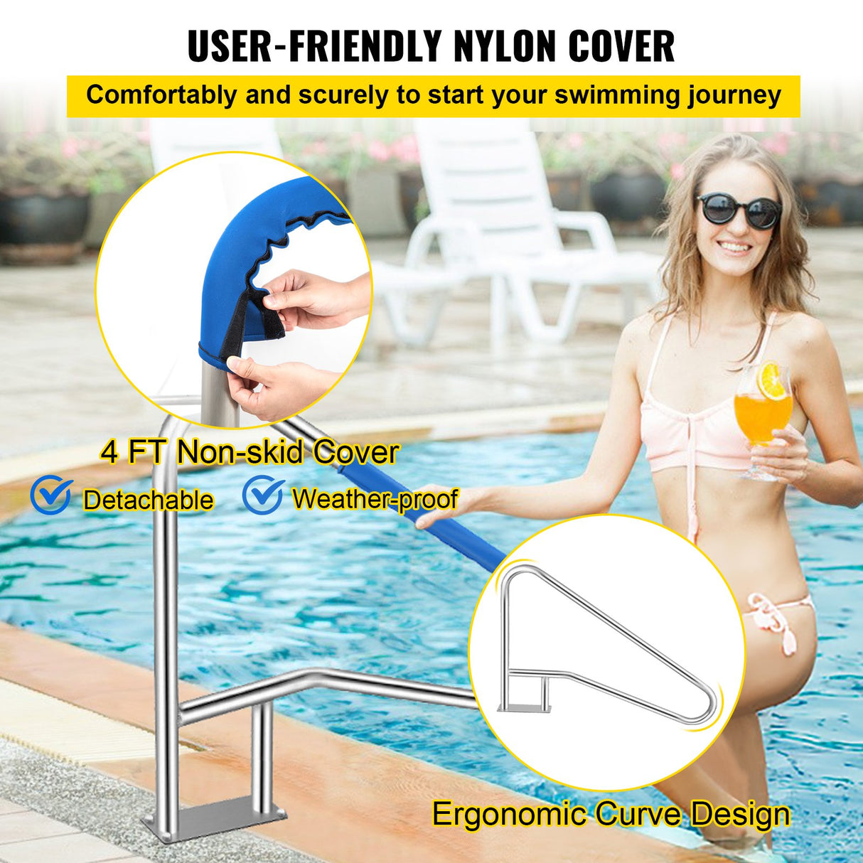 VEVOR Pool Rail 54x36 Pool Railing 304 Stainless Steel 250LBS Load Capacity Silver Rustproof Pool Handrail Humanized Swimming Pool Handrail with Blue