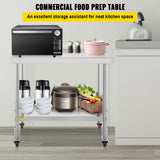 VEVOR Stainless Steel Prep Table 30 x 24 x 35 Inch 440lbs Load Capacity Heavy Duty Metal Worktable with Backsplash Adjustable Undershelf & 4 Casters Commercial Workstation for Kitchen Restaurant - Front View