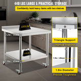 VEVOR Stainless Steel Prep Table 30 x 24 x 35 Inch 440lbs Load Capacity Heavy Duty Metal Worktable with Backsplash Adjustable Undershelf & 4 Casters Commercial Workstation for Kitchen Restaurant - Side View
