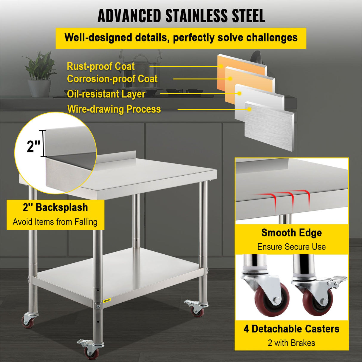 VEVOR Stainless Steel Prep Table 30 x 24 x 35 Inch 440lbs Load Capacity Heavy Duty Metal Worktable with Backsplash Adjustable Undershelf & 4 Casters Commercial Workstation for Kitchen Restaurant