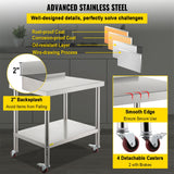 VEVOR Stainless Steel Prep Table 30 x 24 x 35 Inch 440lbs Load Capacity Heavy Duty Metal Worktable with Backsplash Adjustable Undershelf & 4 Casters Commercial Workstation for Kitchen Restaurant - 45-Degree Angle