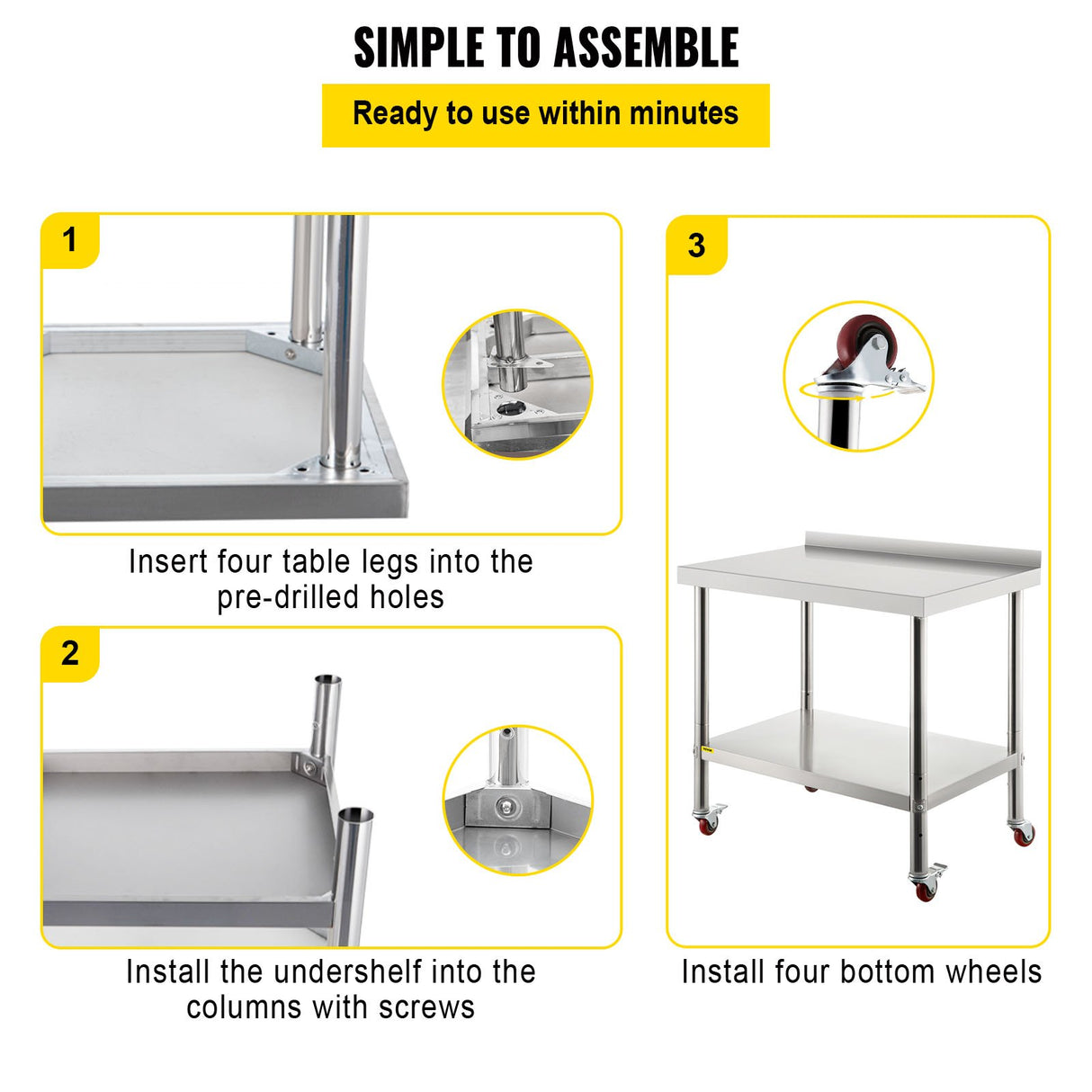 VEVOR Stainless Steel Prep Table 30 x 24 x 35 Inch 440lbs Load Capacity Heavy Duty Metal Worktable with Backsplash Adjustable Undershelf & 4 Casters Commercial Workstation for Kitchen Restaurant