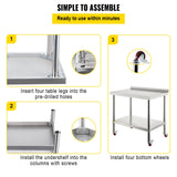 VEVOR Stainless Steel Prep Table 30 x 24 x 35 Inch 440lbs Load Capacity Heavy Duty Metal Worktable with Backsplash Adjustable Undershelf & 4 Casters Commercial Workstation for Kitchen Restaurant - Rear View