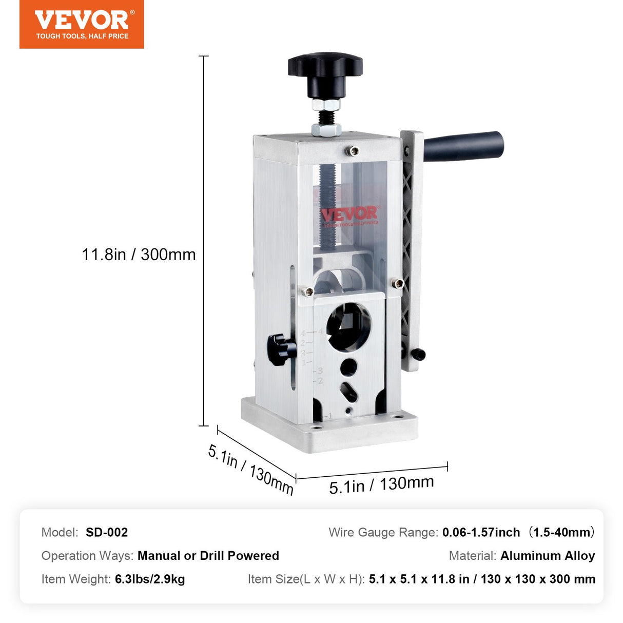 VEVOR Manual Wire Stripping Machine, 0.06''-1.5'' Copper Stripper with Hand Crank or Drill Powered, Visible Stripping Depth Reference, Portable