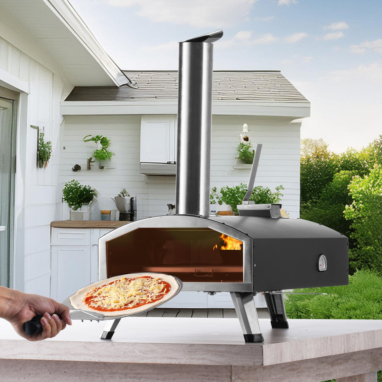 VEVOR Outdoor Pizza Oven, 12" Wood Fired Pizza Ovens, Pellet Pizza Stove with Built-in Thermometer, with Thickened Cordierite, Rotating Pizza Stone,