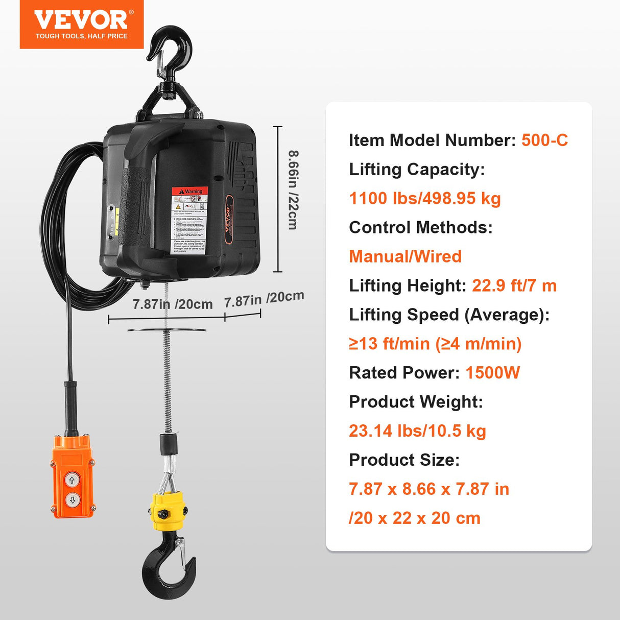 VEVOR 2-in-1 Electric Hoist Winch, 500 kg Lifting Capacity, 1500W Portable Power Winch Crane, 7 m Lifting Height, 4 m/min with Wired Remote Control, for Garage, Warehouse, Factory Lifting & Towing
