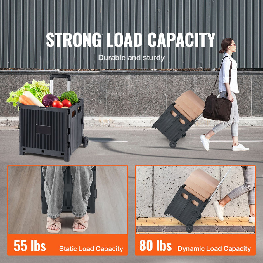 Foldable Utility Cart, 36 kg Load Capacity, Folding Portable Rolling Crate Handcart with Durable Heavy Duty Telescoping Handle and 2 Wheels for Travel Shopping Moving Luggage Office Use, Black