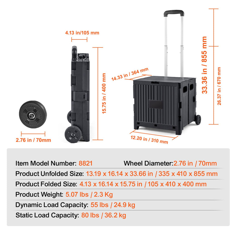 Foldable Utility Cart, 36 kg Load Capacity, Folding Portable Rolling Crate Handcart with Durable Heavy Duty Telescoping Handle and 2 Wheels for Travel Shopping Moving Luggage Office Use, Black