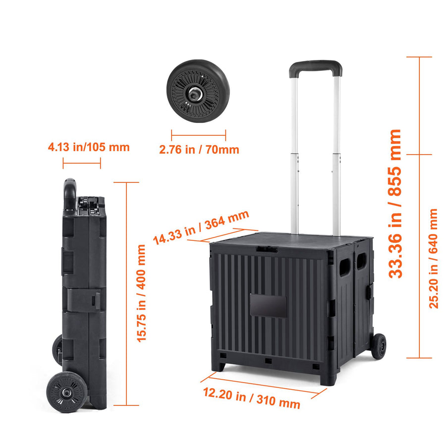 Foldable Utility Cart, 36 kg Load Capacity, Folding Portable Rolling Crate Handcart with Durable Heavy Duty Telescoping Handle and 2 Wheels for Travel Shopping Moving Luggage Office Use, Black