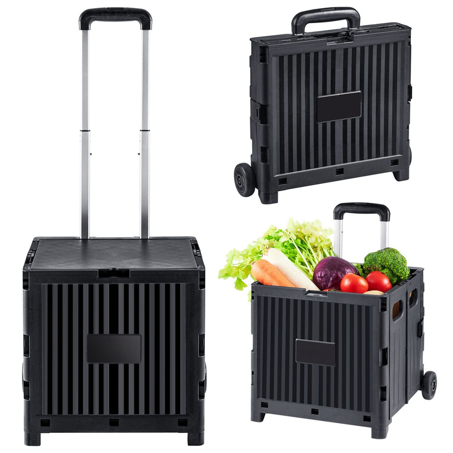 Foldable Utility Cart, 36 kg Load Capacity, Folding Portable Rolling Crate Handcart with Durable Heavy Duty Telescoping Handle and 2 Wheels for Travel Shopping Moving Luggage Office Use, Black
