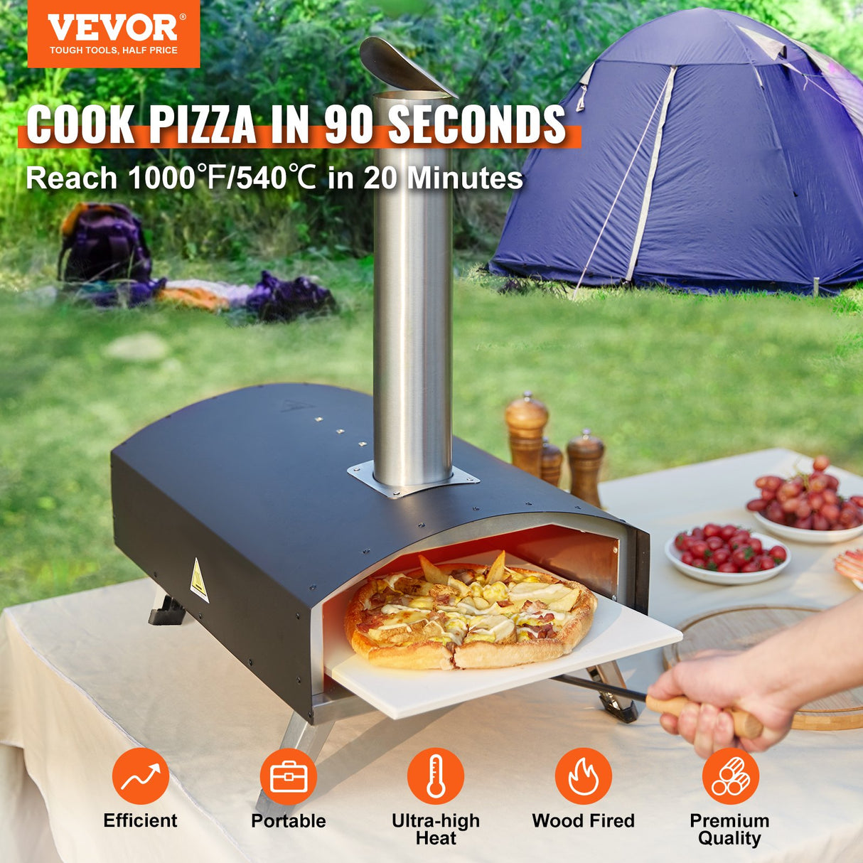 VEVOR Outdoor Pizza Oven, 12-inch, Wood Pellet and Charcoal Fired Pizza Maker, Portable Outside Stainless Steel Pizza Grill with Pizza Stone,