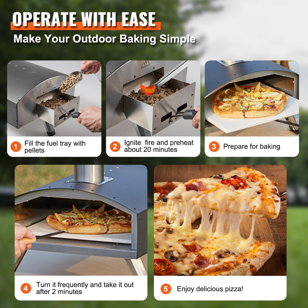 VEVOR Outdoor Pizza Oven, 12-inch, Wood Pellet and Charcoal Fired Pizza Maker, Portable Outside Stainless Steel Pizza Grill with Pizza Stone,