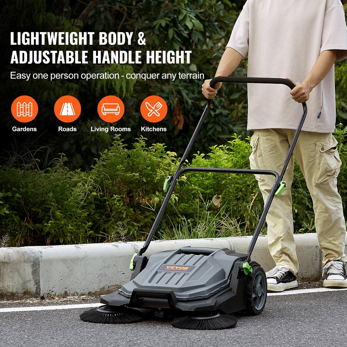 VEVOR Walk-behind Hand Push Floor Sweeper 25.6" Width 5 Gallon Waste Container