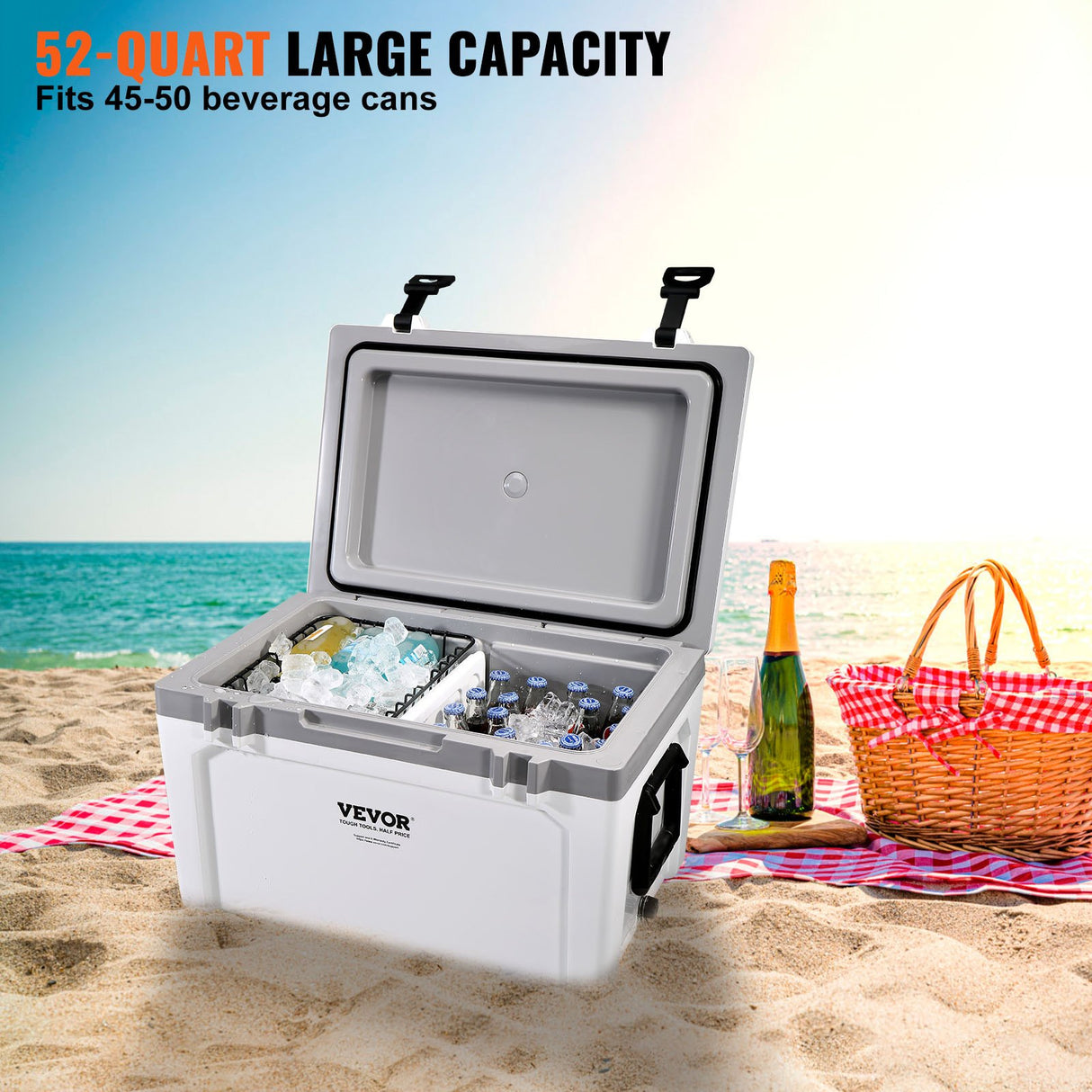 VEVOR Insulated Portable Cooler, 49 L, Holds 50 Cans, Ice Retention Hard Cooler with Heavy Duty Handle, Ice Chest Lunch Box for Camping, Beach, Picnic, Travel, Outdoor, Keeps Ice for up to 6 Days