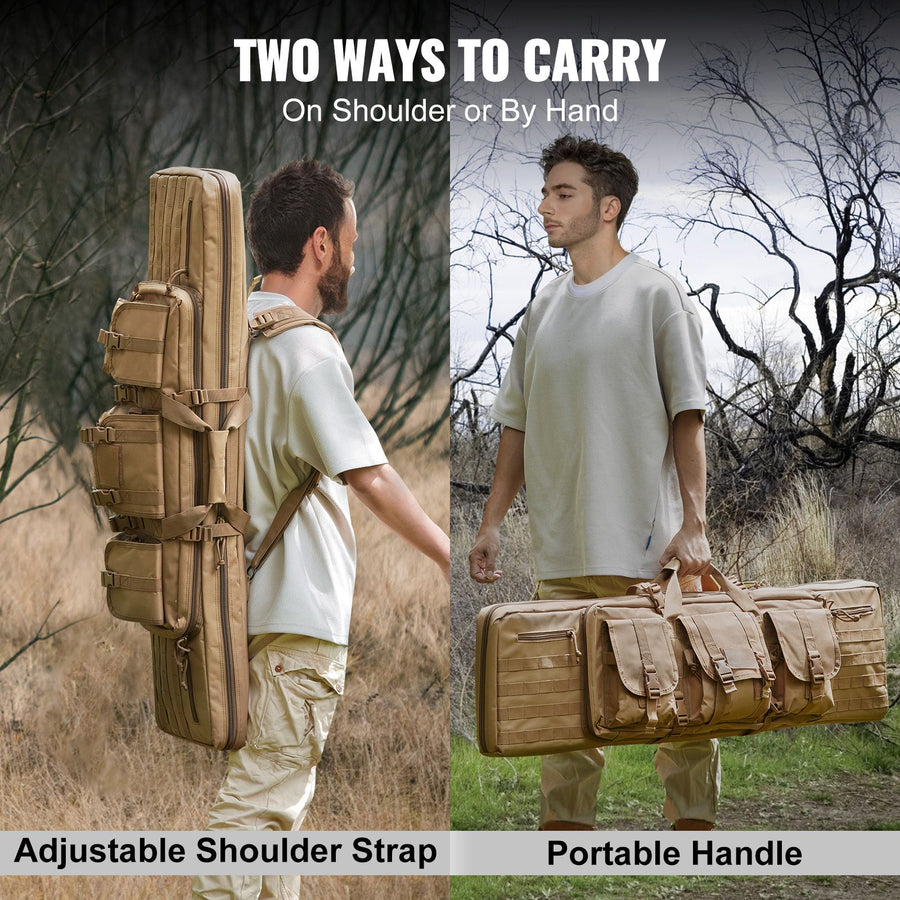 Rifle Bag, 42 inch Tactical Double Long Gun Bag, Soft Rifle Case with Lockable Zipper, Portable Handle & Shoulder Strap, 3 Large Storage Pockets Rifle Case for Two 40" Rifles & 2 Pistols, Brown