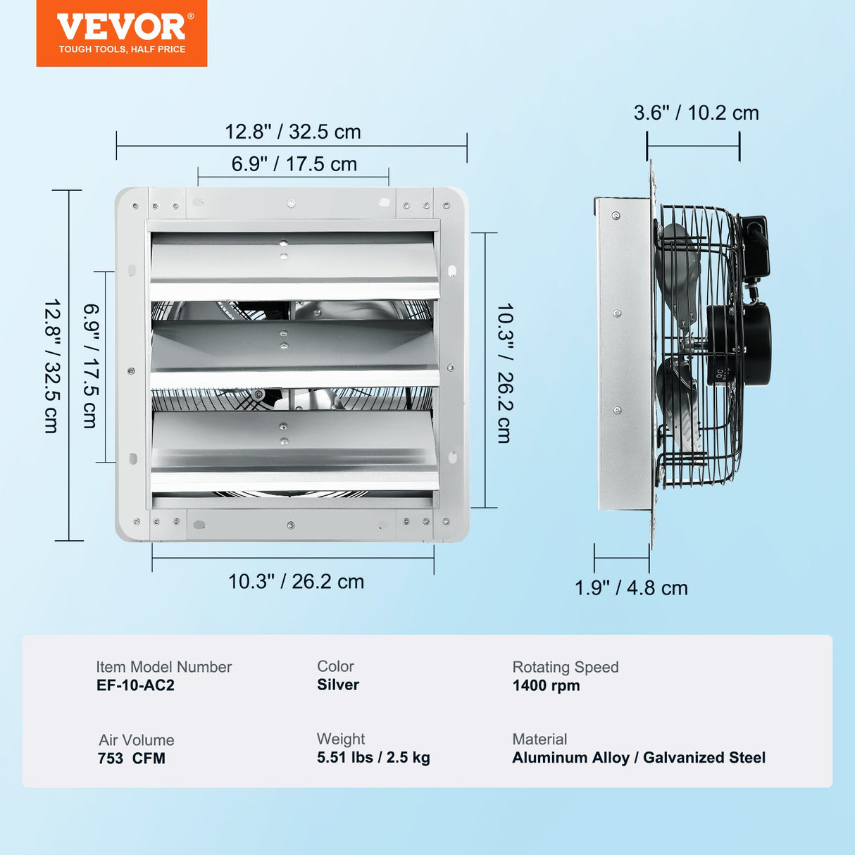 Shutter Exhaust Fan, 254 mm High-speed 1400RPM 753 CFM, Aluminum Wall Mount Attic Fan with AC-motor, Ventilation and Cooling for Greenhouses, Garages, Sheds, Shops