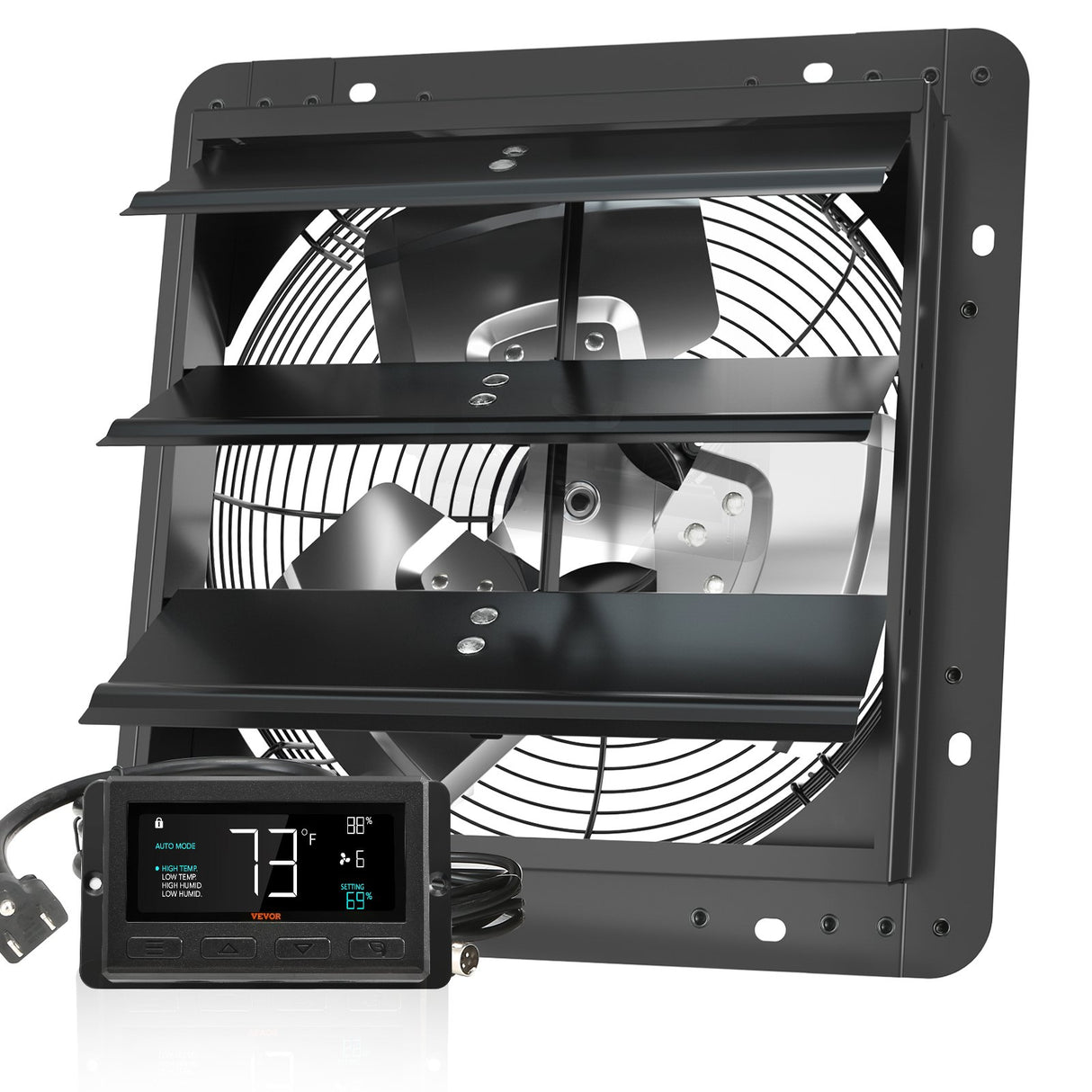 VEVOR Shutter Exhaust Fan, 305 mm /12 inch with Temperature Humidity Controller, EC-motor, 904 CFM, Variable Speed Adjustable Wall Mount Attic Fan, Ventilation and Cooling for Greenhouses, Garages, Sheds