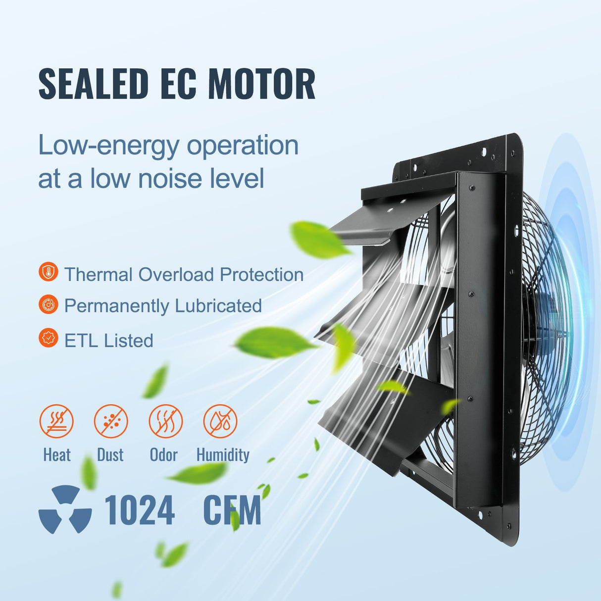 VEVOR Shutter Exhaust Fan, 356 mm / 14inch with Temperature Humidity Controller, EC-motor, 1024 CFM, Variable Speed Adjustable Wall Mount Attic Fan,