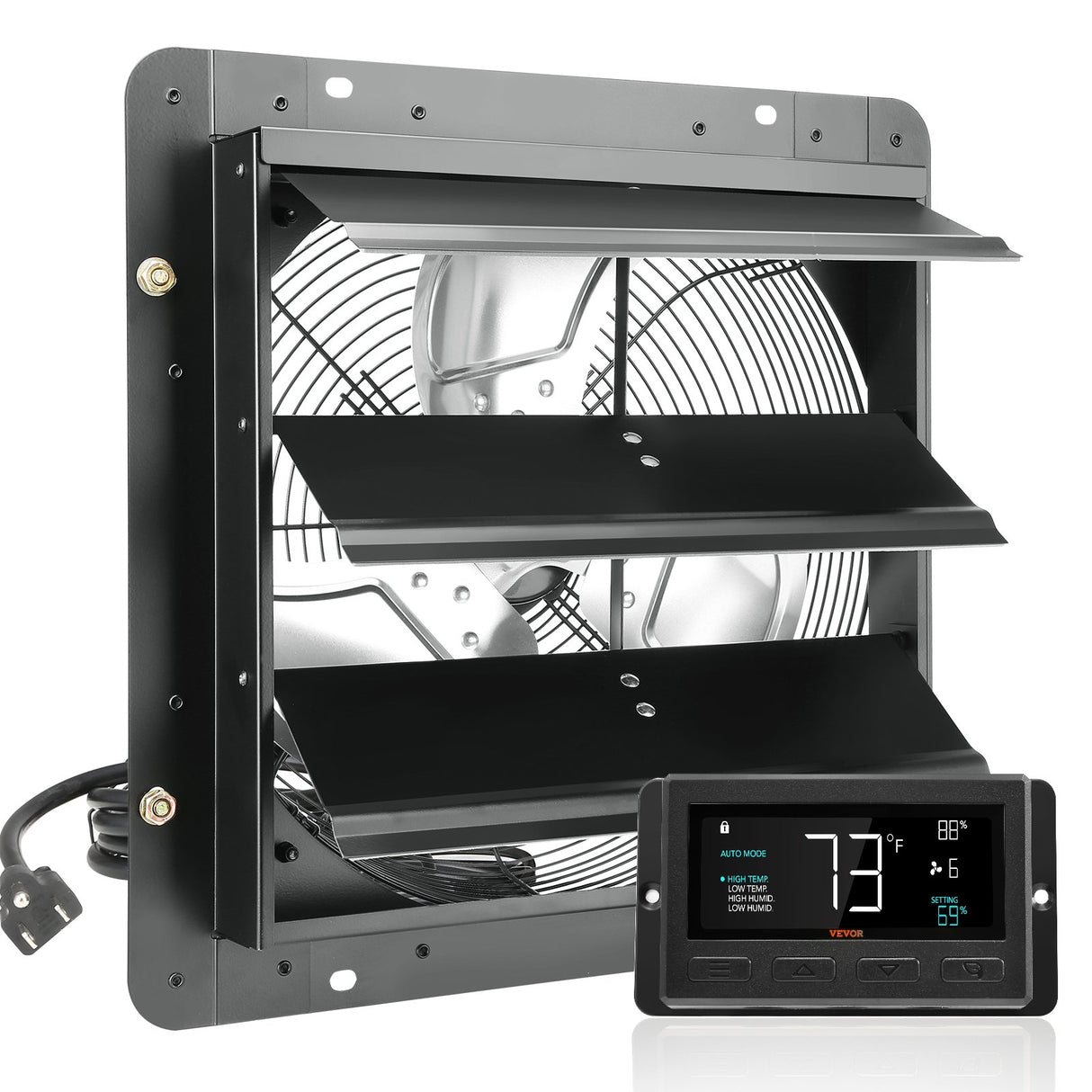VEVOR Shutter Exhaust Fan, 356 mm / 14inch with Temperature Humidity Controller, EC-motor, 1024 CFM, Variable Speed Adjustable Wall Mount Attic Fan,