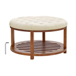 Large Round Ottoman Coffee Table, 81 cm Tufted Coffee Table with Solid Wood Shelf Storage, Linen Solid Upholstered Footrest Ottoman for Bedroom Living Room, 350 LBS, Linen Color