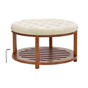 Large Round Ottoman Coffee Table, 81 cm Tufted Coffee Table with Solid Wood Shelf Storage, Linen Solid Upholstered Footrest Ottoman for Bedroom Living Room, 350 LBS, Linen Color