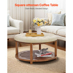 Large Round Ottoman Coffee Table, 81 cm Tufted Coffee Table with Solid Wood Shelf Storage, Linen Solid Upholstered Footrest Ottoman for Bedroom Living Room, 350 LBS, Linen Color
