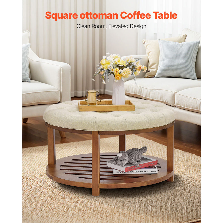 Large Round Ottoman Coffee Table, 81 cm Tufted Coffee Table with Solid Wood Shelf Storage, Linen Solid Upholstered Footrest Ottoman for Bedroom Living Room, 350 LBS, Linen Color
