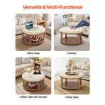 Large Round Ottoman Coffee Table, 81 cm Tufted Coffee Table with Solid Wood Shelf Storage, Linen Solid Upholstered Footrest Ottoman for Bedroom Living Room, 350 LBS, Linen Color