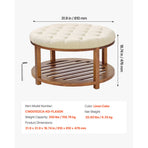Large Round Ottoman Coffee Table, 81 cm Tufted Coffee Table with Solid Wood Shelf Storage, Linen Solid Upholstered Footrest Ottoman for Bedroom Living Room, 350 LBS, Linen Color