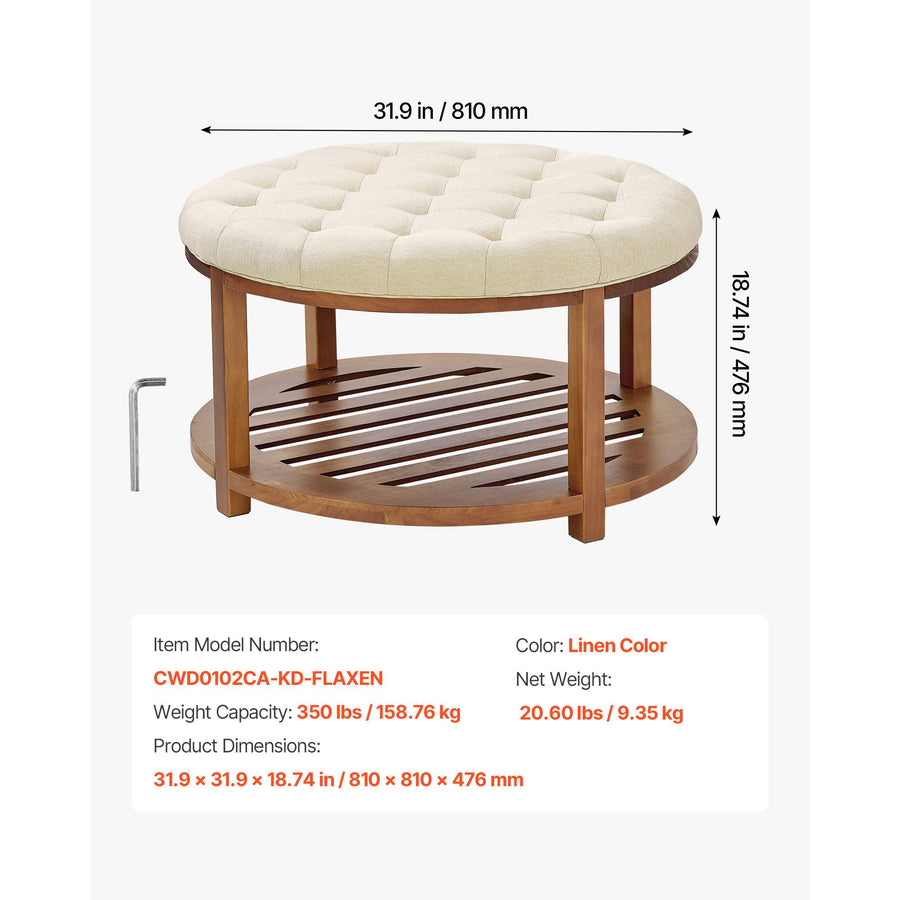 Large Round Ottoman Coffee Table, 81 cm Tufted Coffee Table with Solid Wood Shelf Storage, Linen Solid Upholstered Footrest Ottoman for Bedroom Living Room, 350 LBS, Linen Color