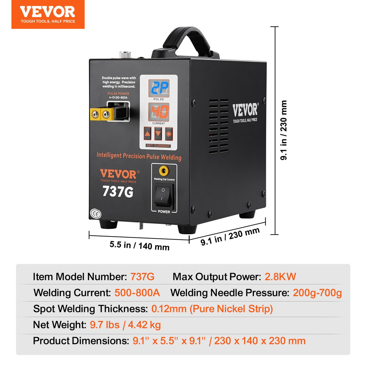 VEVOR Spot Welder, 737G Pulse Spot Welder, Portable High-Power Welding Machine Soldering Station with 2 Welding Modes and LED Lighting for 0.12mm Pure