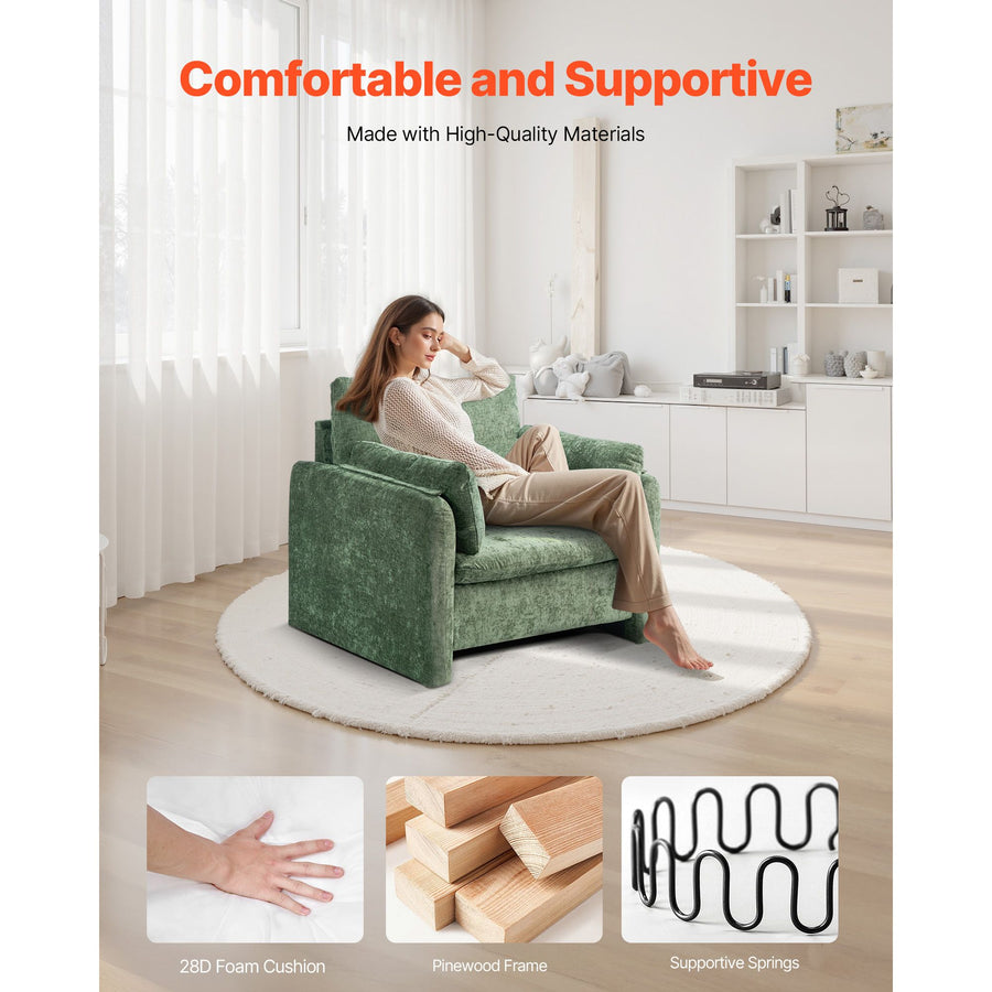 Green Accent Chair, Modern Upholstered Accent Chair with Armrests, Cloth Arm Chairs with Thick Cushion and Arched Backrest, Single Fabric Armchair for Living Room, Bedroom, Study, Office