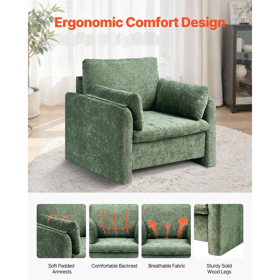 Green Accent Chair, Modern Upholstered Accent Chair with Armrests, Cloth Arm Chairs with Thick Cushion and Arched Backrest, Single Fabric Armchair for Living Room, Bedroom, Study, Office