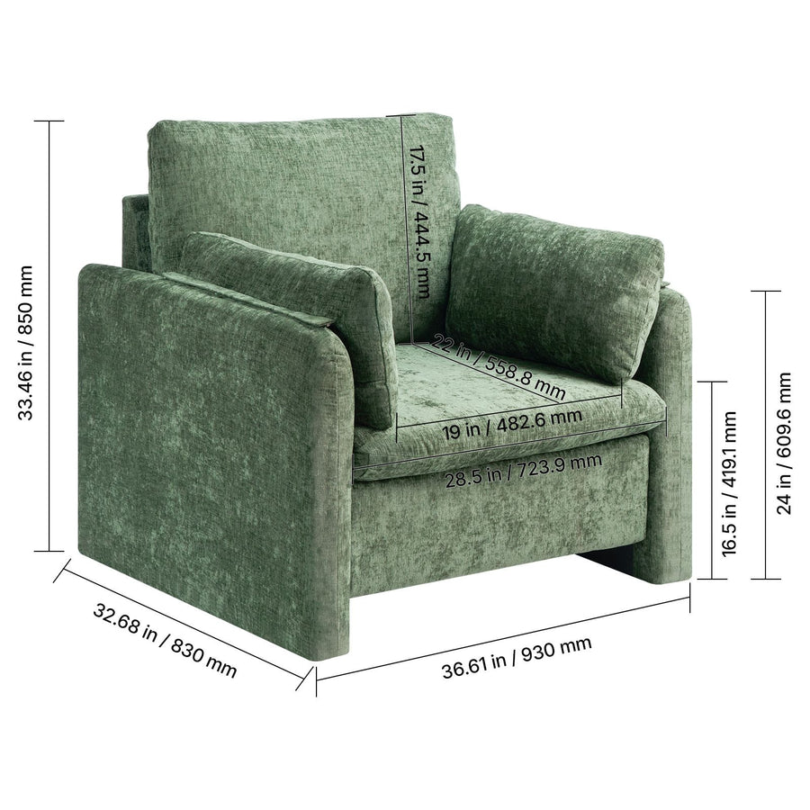 Green Accent Chair, Modern Upholstered Accent Chair with Armrests, Cloth Arm Chairs with Thick Cushion and Arched Backrest, Single Fabric Armchair for Living Room, Bedroom, Study, Office
