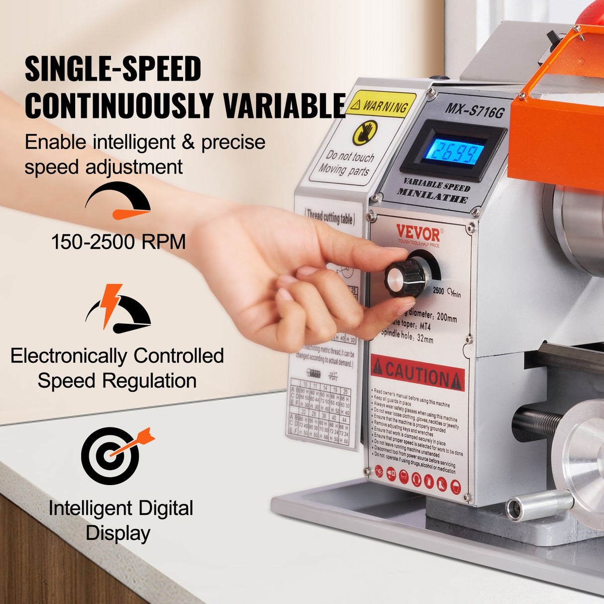 VEVOR Mini Metal Lathe Machine, 180 x 400 mm, 800W Precision Benchtop Power Metal Lathe, 150-2500 RPM Continuously Variable Speed, with 3-jaw Metal Chuck Tool Box for Processing Precision Parts