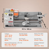 VEVOR Mini Metal Lathe Machine, 180 x 400 mm, 800W Precision Benchtop Power Metal Lathe, 150-2500 RPM Continuously Variable Speed, with 3-jaw Metal