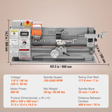 VEVOR Mini Metal Lathe Machine, 180 x 400 mm, 800W Precision Benchtop Power Metal Lathe, 150-2500 RPM Continuously Variable Speed, with 3-jaw Metal Chuck Tool Box for Processing Precision Parts - Close-Up Angle