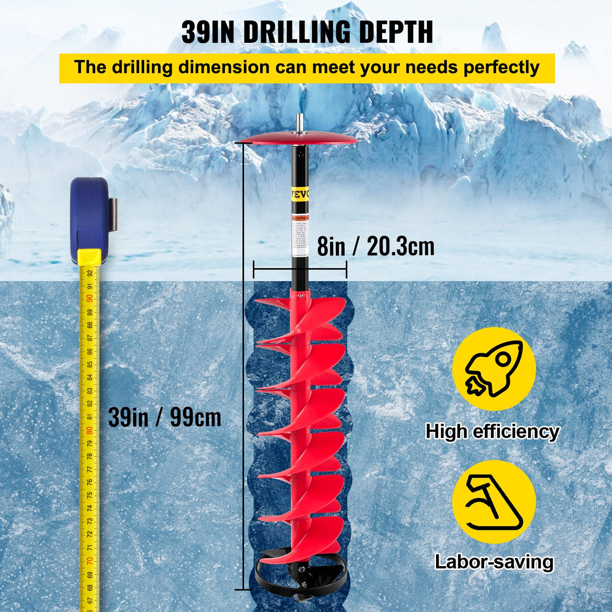 VEVOR Ice Drill Auger, 8" Diameter Nylon Ice Auger, 39" Length Ice Auger Bit,Auger Drill with 11.8" Extension Rod,Auger Bit with Drill Adapter,Top