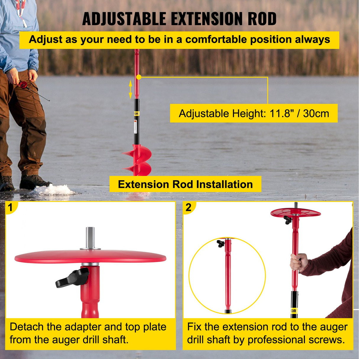 VEVOR Ice Drill Auger, 8" Diameter Nylon Ice Auger, 39" Length Ice Auger Bit,Auger Drill with 11.8" Extension Rod,Auger Bit with Drill Adapter,Top