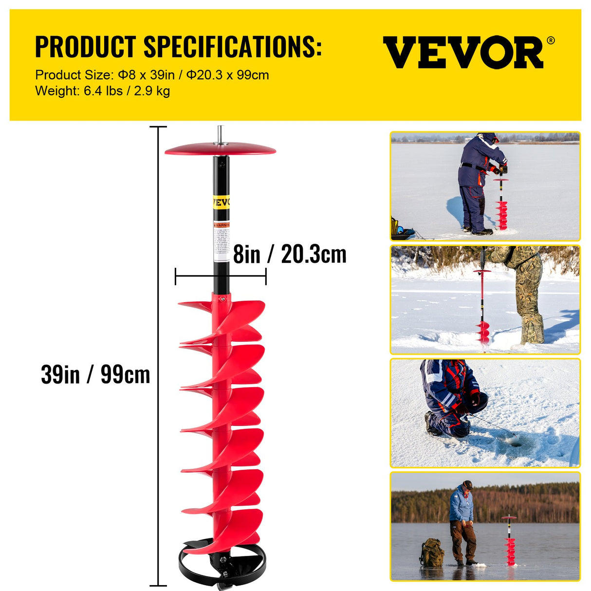 VEVOR Ice Drill Auger, 8" Diameter Nylon Ice Auger, 39" Length Ice Auger Bit,Auger Drill with 11.8" Extension Rod,Auger Bit with Drill Adapter,Top