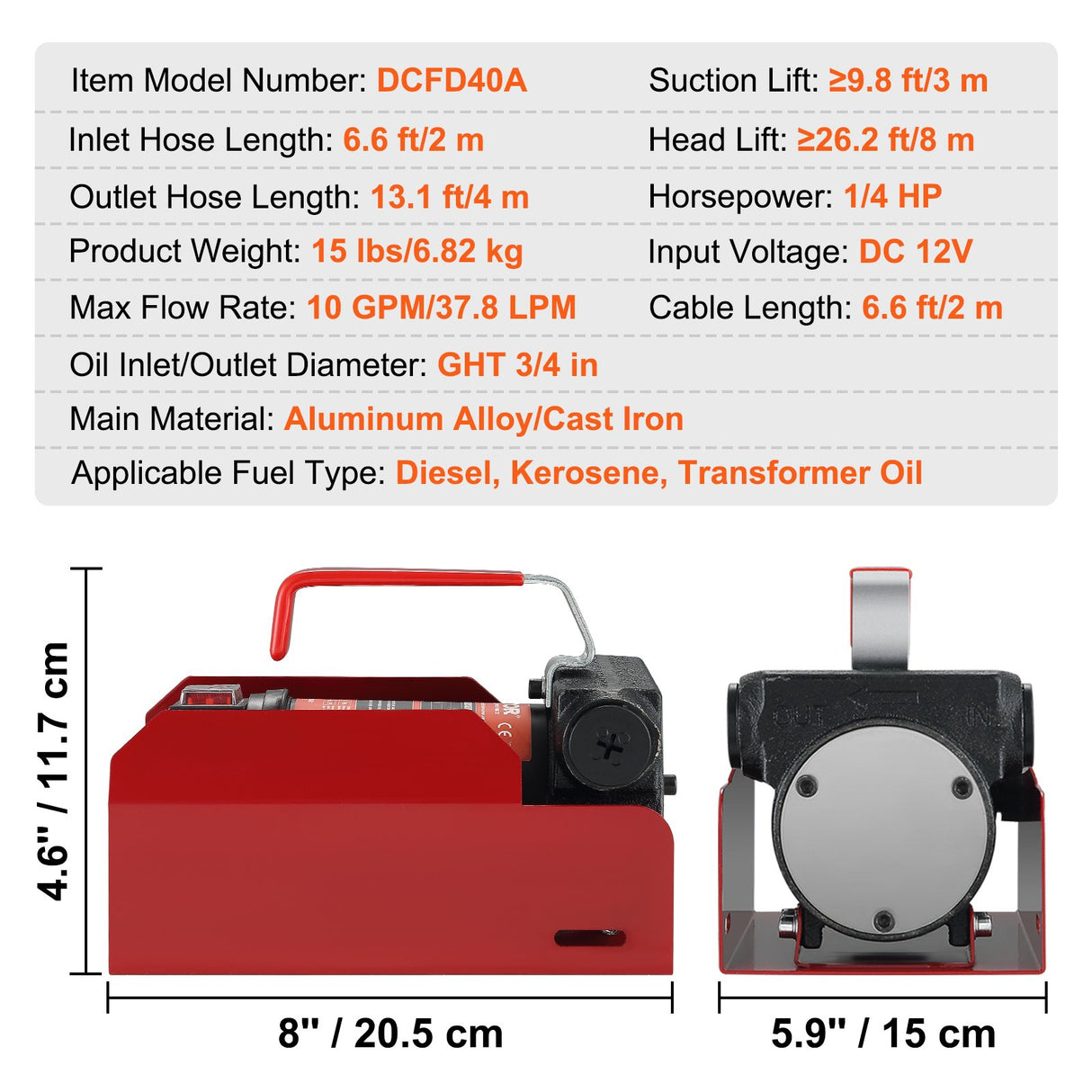 VEVOR Fuel Transfer Pump, 12V DC, 10 GPM, 8 m Lift, Portable Electric Diesel Transfer Extractor Pump
