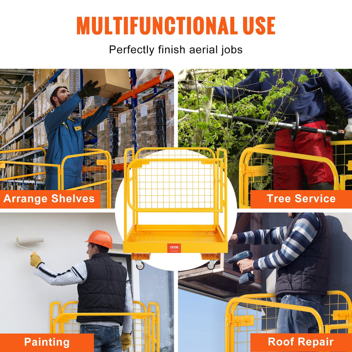 VEVOR Forklift Safety Cage, 544 kg Load Capacity, 92 x 92 cm Folding Forklift Work Platform with Lockable Swivel Wheels, Drain Hole, and Device Chain, Holds 1 to 2 Adults, Perfect for Aerial Work