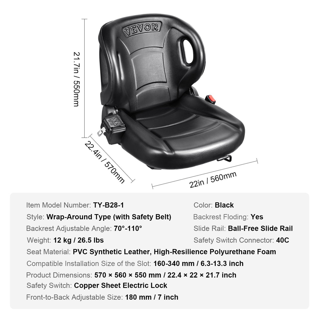 VEVOR Universal Forklift Seat Wrap-around Forklift Seat Adjustable Back Seatbelt