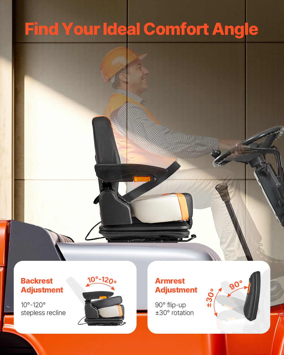 VEVOR Universal Forklift Seat Fold Down Tractor Suspension Seat Adjustable Back