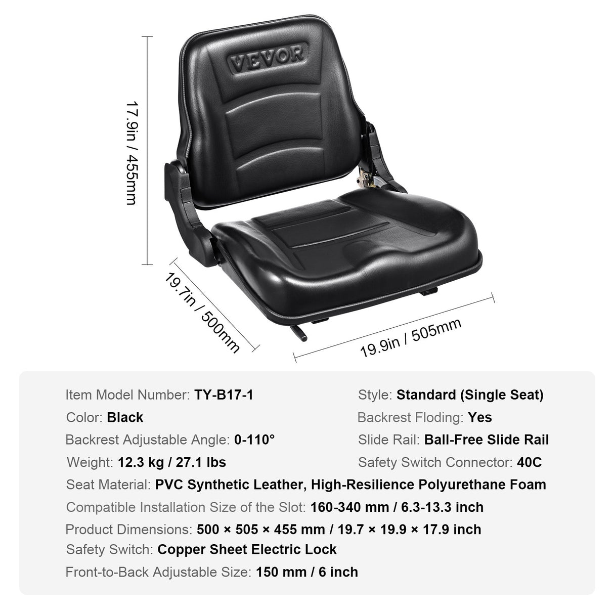 VEVOR Universal Forklift Seat, Fold Down Tractor Seat with Adjustable Angle Back and Micro Switch, 16-34 cm Extended Slot Comfortable Forklift Seat