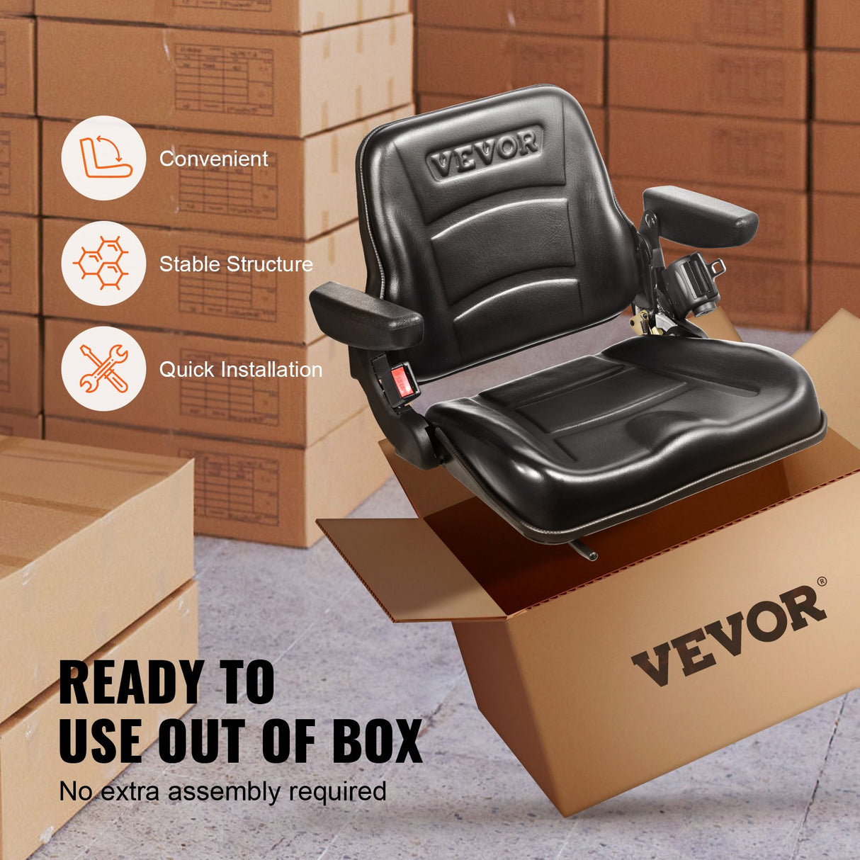 VEVOR Universal Forklift Seat, Fold Down Tractor Seat with Adjustable Angle Back, Micro Switch, Seatbelt and Armrests, 16-34 cm Slot Tractor Seat for Tractor Loader Excavator