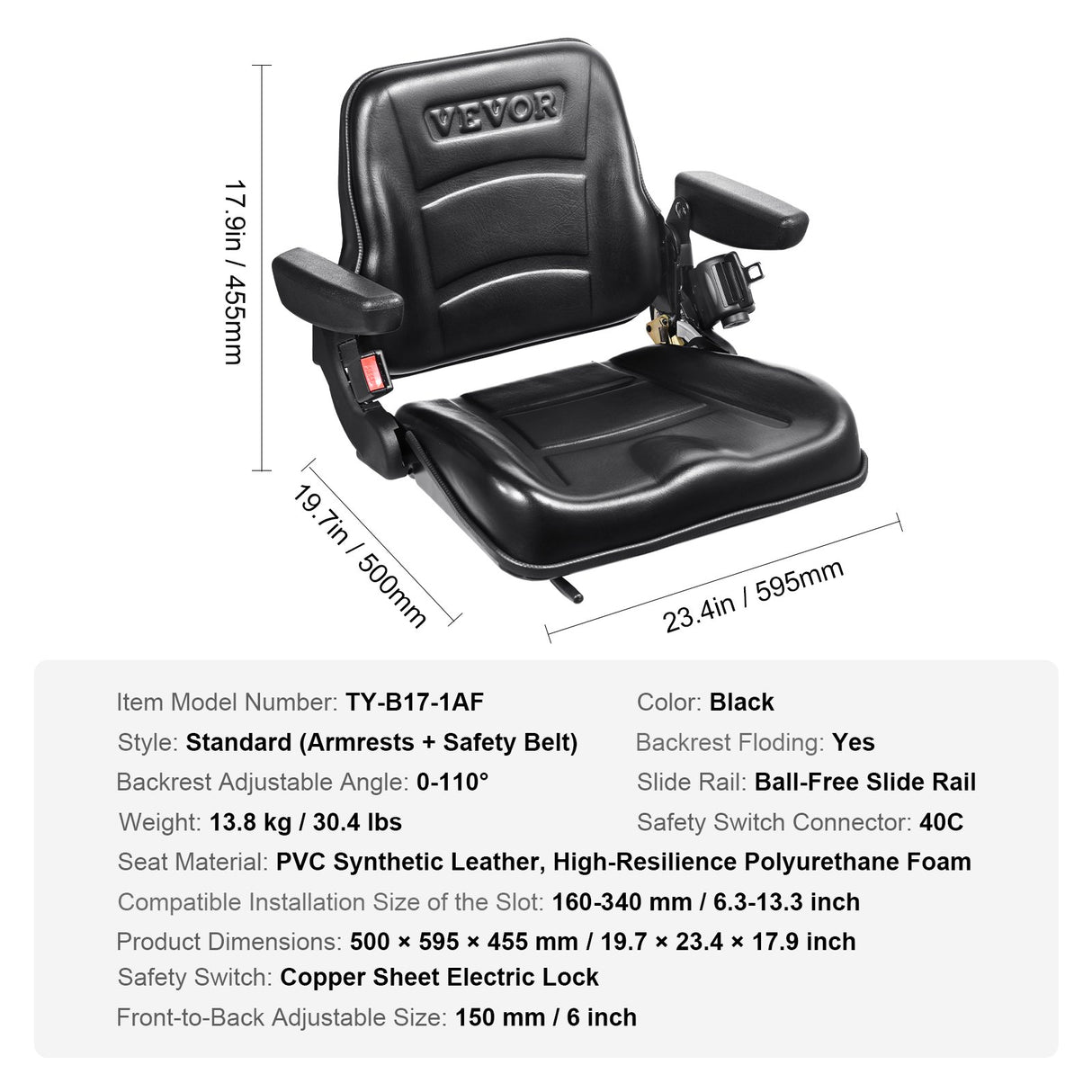 VEVOR Universal Forklift Seat, Fold Down Tractor Seat with Adjustable Angle Back, Micro Switch, Seatbelt and Armrests, 16-34 cm Slot Tractor Seat for Tractor Loader Excavator