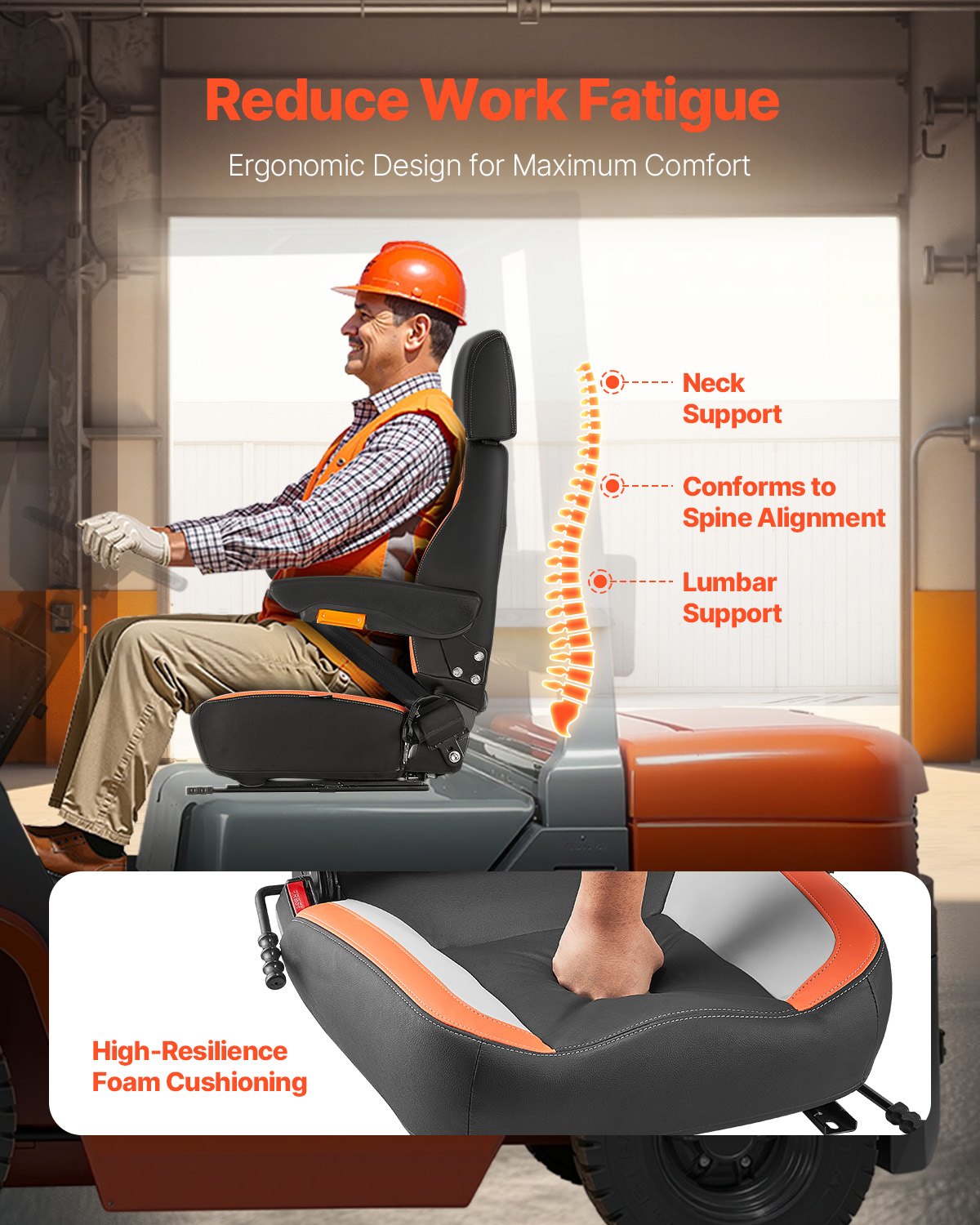 VEVOR Forklift Seat Mower Tractor Seat Adjustable Back Seatbelt & Headrest