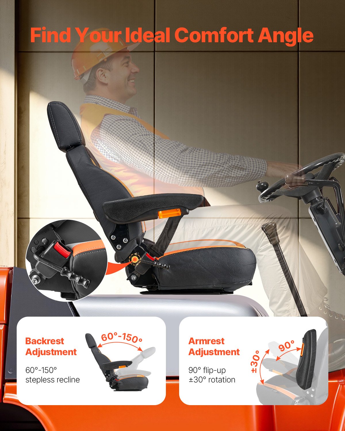 VEVOR Forklift Seat Mower Tractor Seat Adjustable Back Seatbelt & Headrest